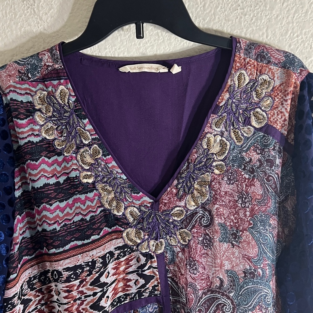 Soft Surroundings Patchwork Floral V-Neck Blouse in Purple and Blue - Picture 9 of 11